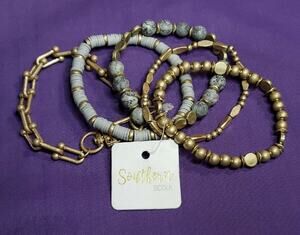 Southern Seoul Bracelets Matte Gold and Gray Real Stones Set of Five, NWT